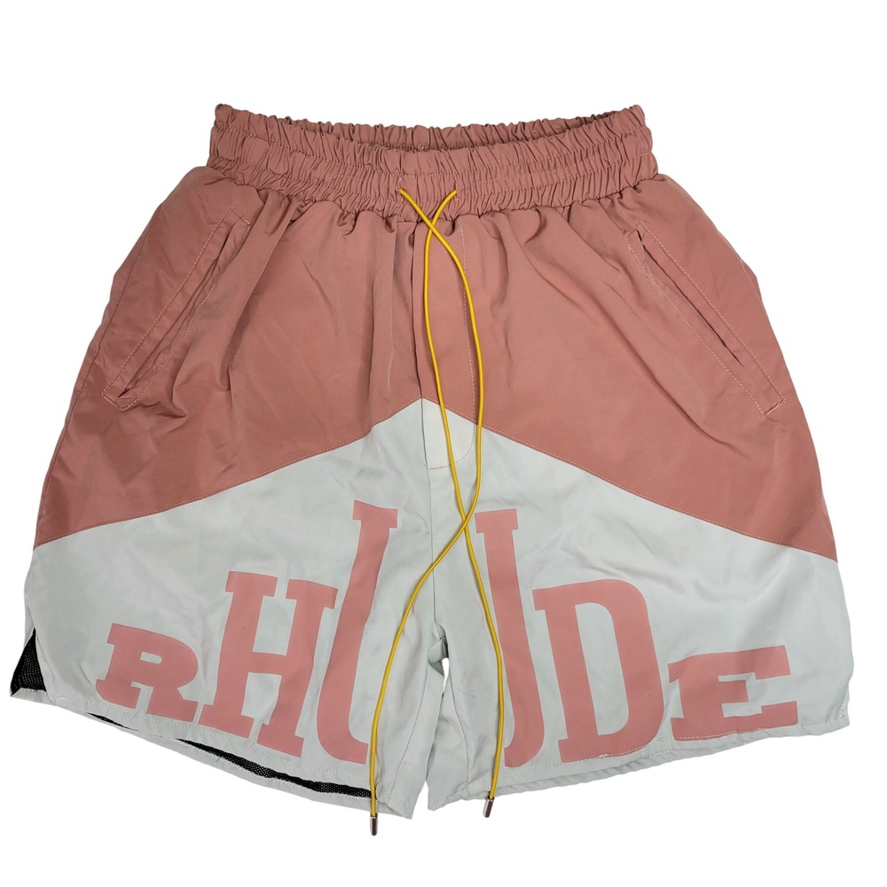 Rhude Mens Colorblock Logo Shorts Pink Cream Yellow Mesh Lined Size Medium